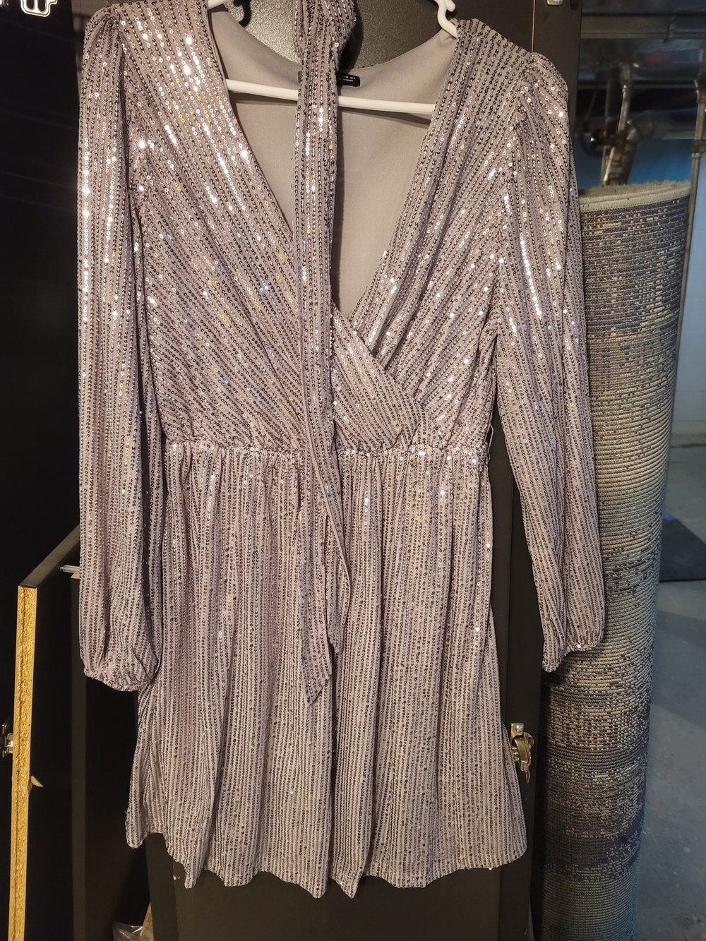 SHEIN Silver Sequined Long-Sleeve V-Neck Mini Dress